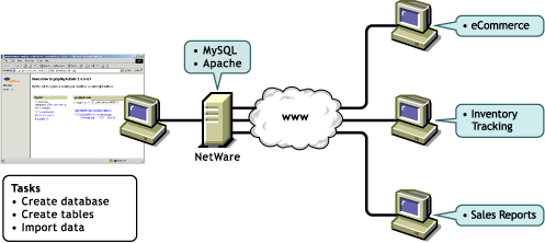 MySQL: Running three database applications hosted on a NetWare server and shared on the World Wide Web.