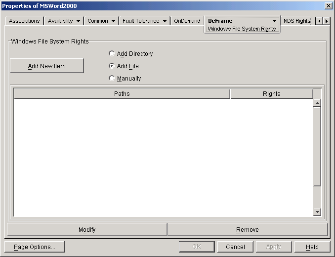 DeFrame Windows File System Rights page on an Application object