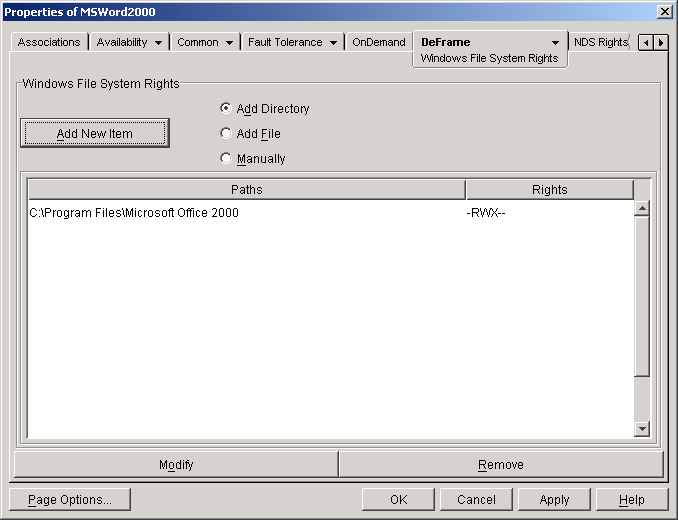 DeFrame Windows File System Rights page on an Application object