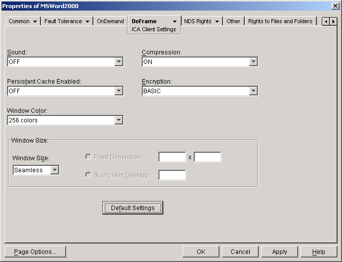 DeFrame ICA Client Settings page on an Application object