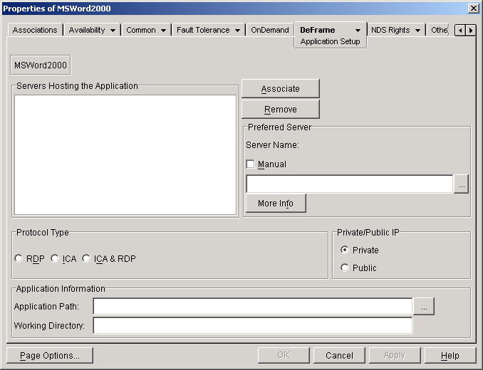 DeFrame Application Setup page on an Application object