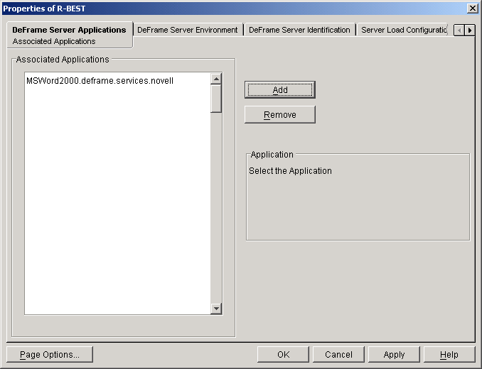 Associated Applications page on a DeFrame Server object