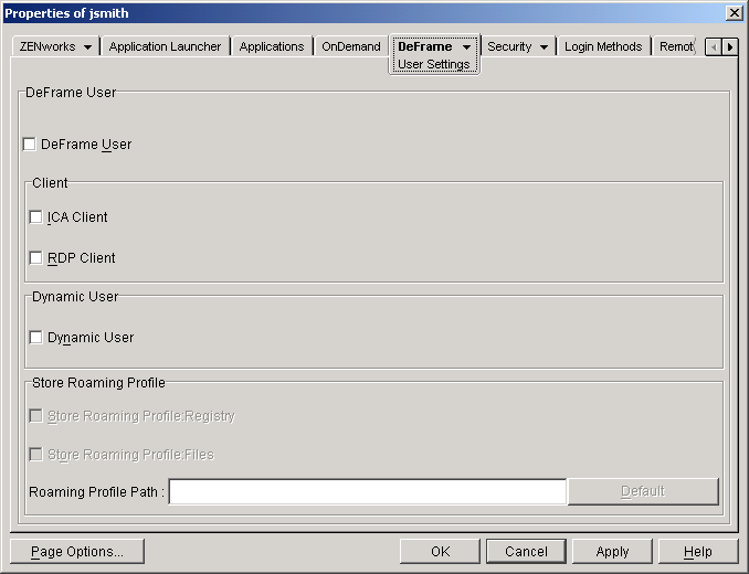 DeFrame User Settings page on a User object