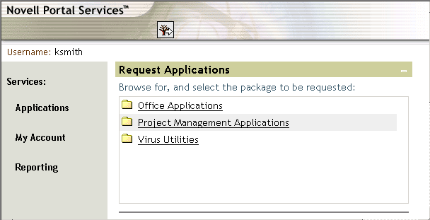 OnDemand Services PackageRequest gadget with three folders: Office Applications, Virus Utilities, and Project Management Applications 
