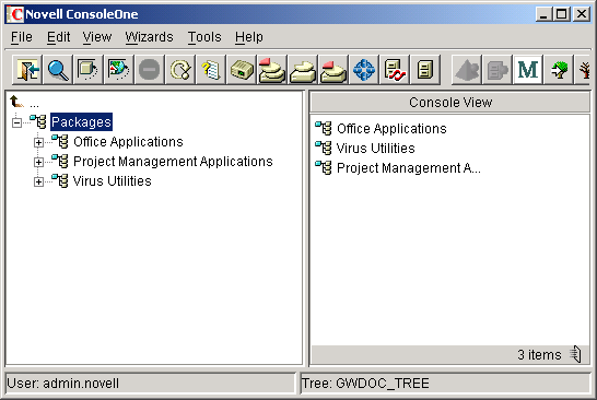 ConsoleOne with a Packages container that has three subcontainers: Office Applications, Virus Utilities, and Project Management Applications
