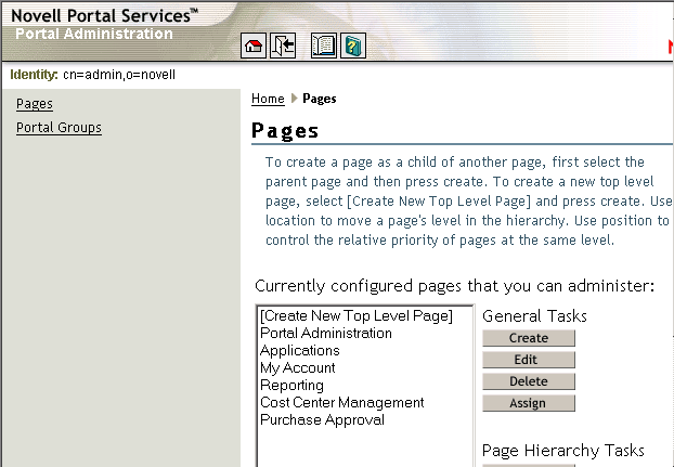 Novell Portal Services with Cost Center Management and Purchase Approval pages added to the list of pages