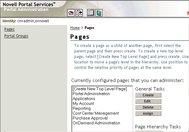 Novell Portal Services with the OnDemand Administration page added to the list of pages