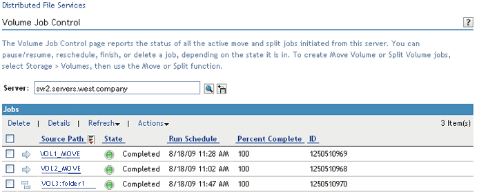 Sample Move/Split Job Control Management Page