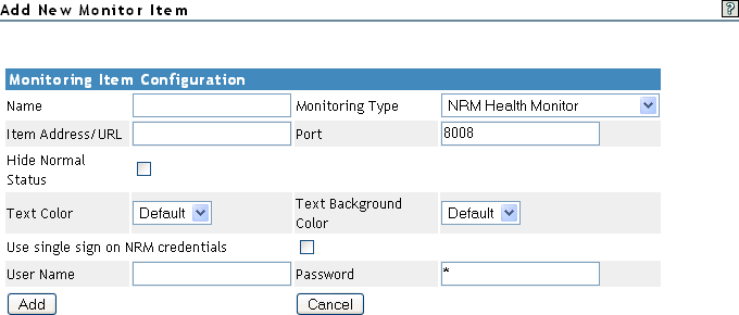 The Add New Monitor Item page