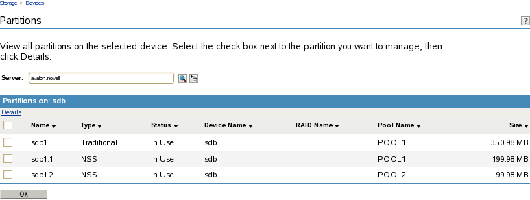 Sample Partition Management Page for a Selected Device