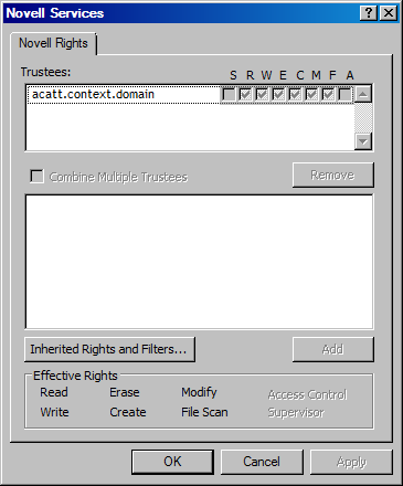 Sample NetWare Rights Dialog Box in the Novell Client on Windows
