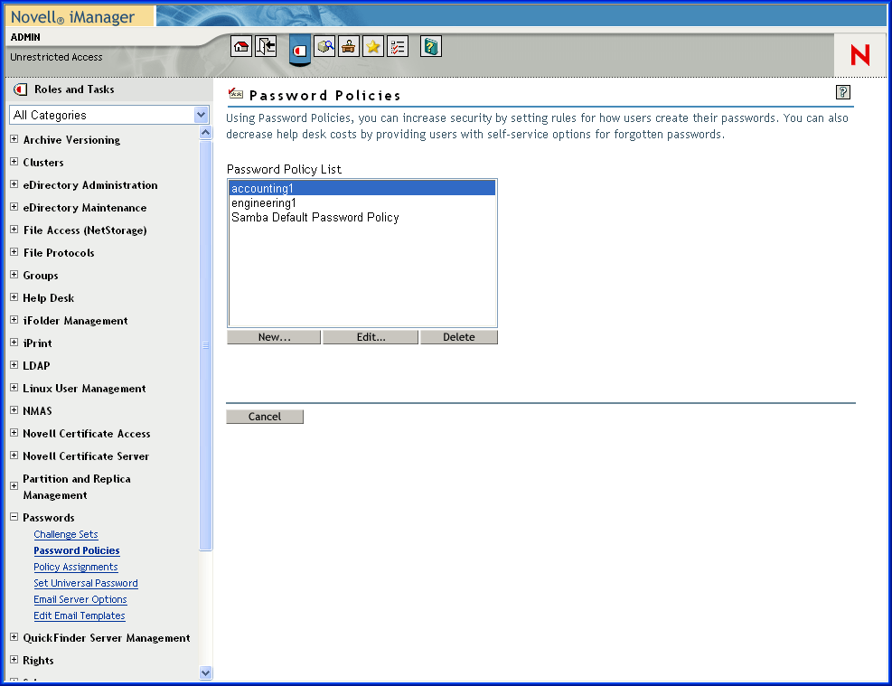 Description:
Example of password policies from NetWare 6.5 use of Universal Password