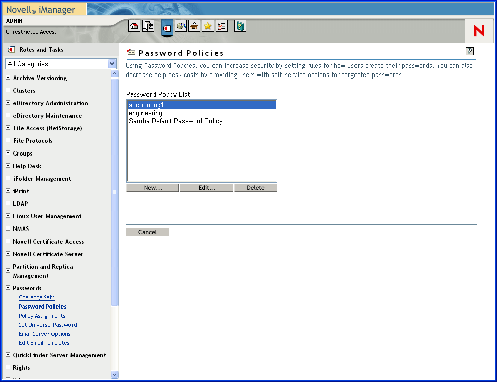 Description:
Example of password policies from NetWare 6.5 use of Universal Password