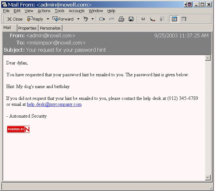 Sample e-mail containing user's password hint