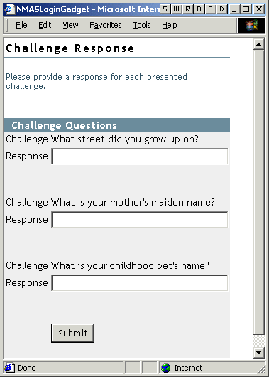 Forgotten Password page for proving identity by answering challenge questions