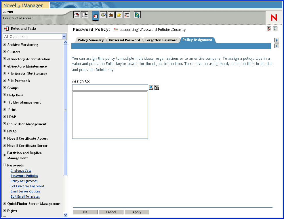 Assigning Password Policy to objects interface