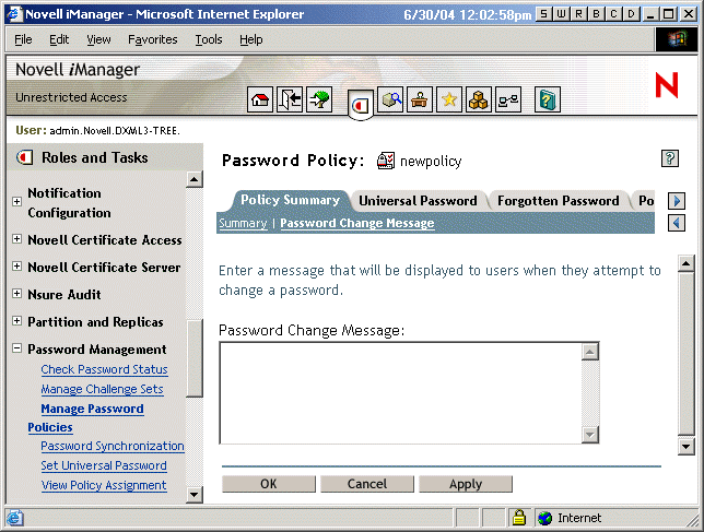 Password Change Message page