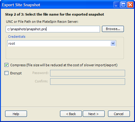 Export Site Snapshot: Step 2 Dialog Box