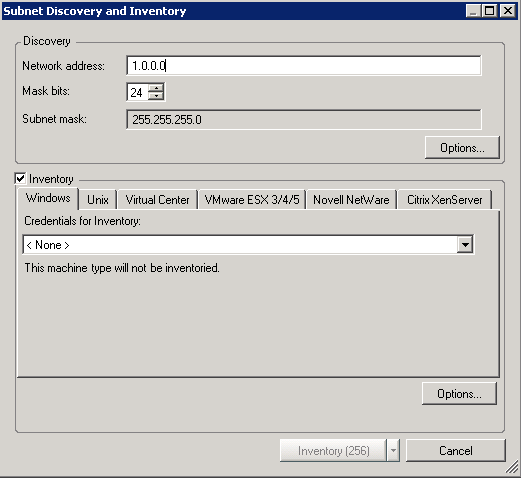 Subnet Discovery and Inventory Dialog Box