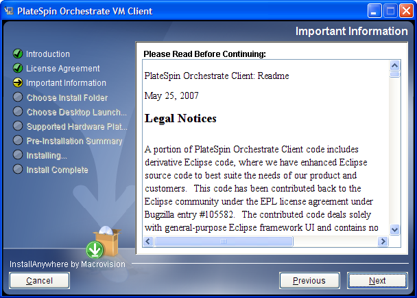 VM Client Installation Wizard - Important Information Page