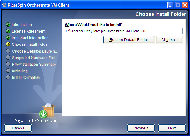 VM Client Installation Wizard - Choose Install Folder Page