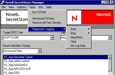 The Tests drop-down list in SecretStore Manager