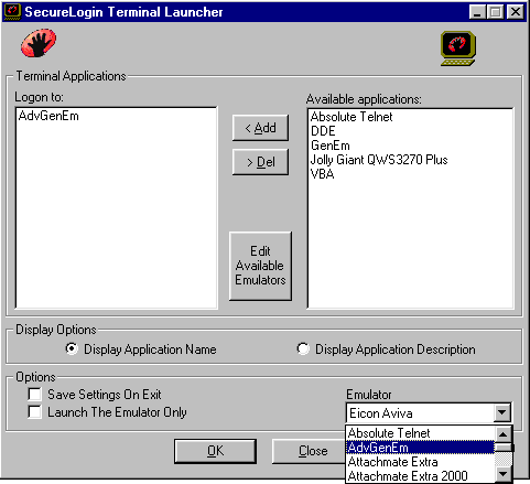 The Emulator drop-down box