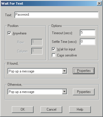 Configuration fields for the Wait For Text screen