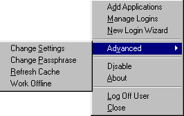 Options available from the system tray