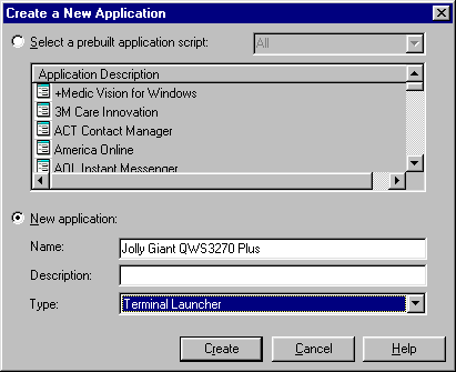 The New Application option and fields