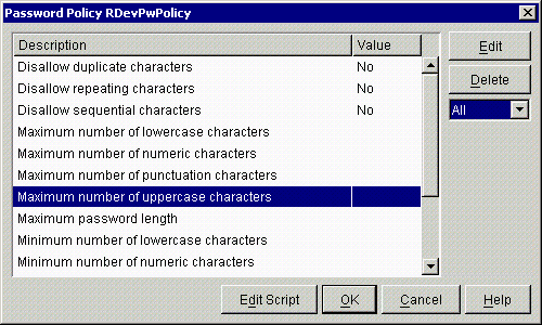 Password policy settings and values