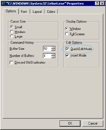 Settings on the Options property page