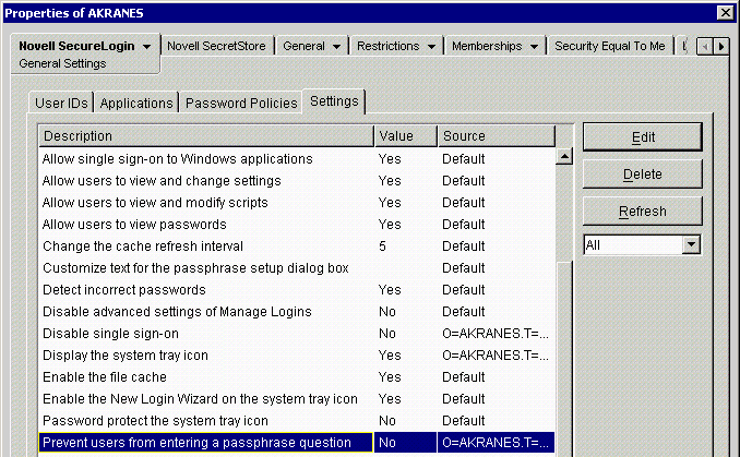 The Settings option to control use of passphrase questions