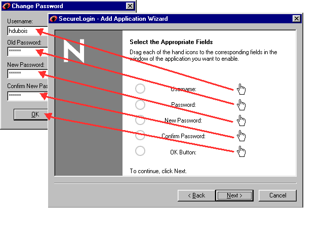 Dragging hand icons to login fields