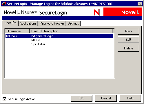 Main window for Novell SecureLogin