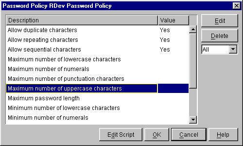 Password policy settings and values