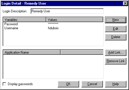 A user's variables and values for an application