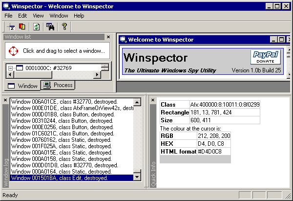 Winspector's Welcome window