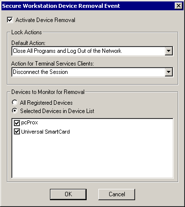 The dialog box for a configuring a Device Removal event
