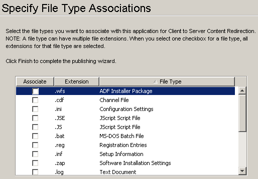 The Specify File Type Associations dialog box