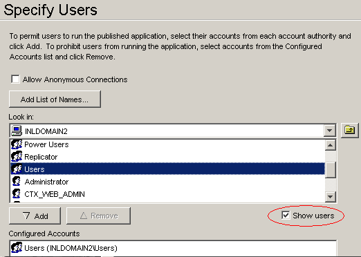 The Specify Users dialog box