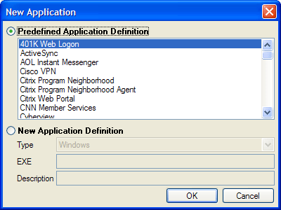 New Application dialog box