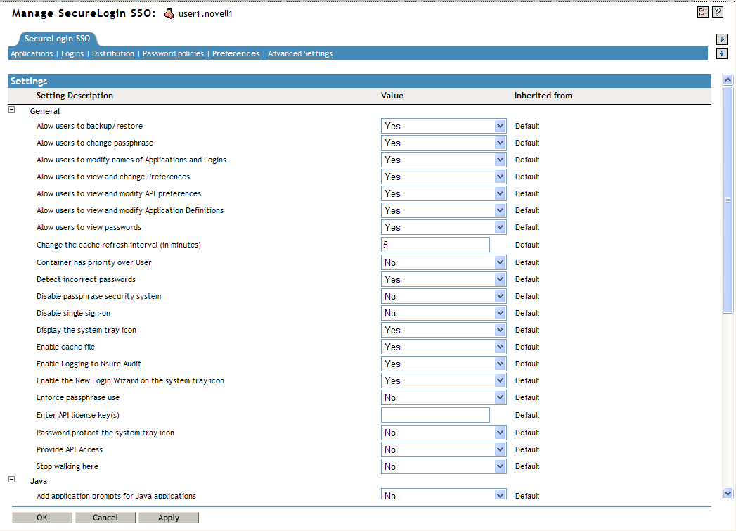 Preferences properties table