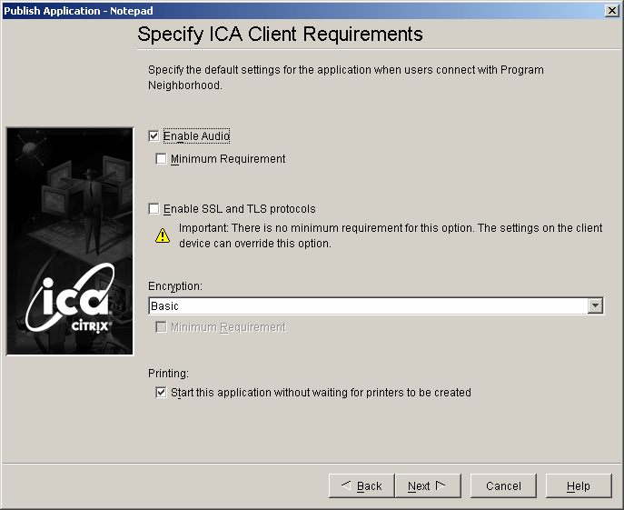 Specify ICA Client Requirements dialog box
