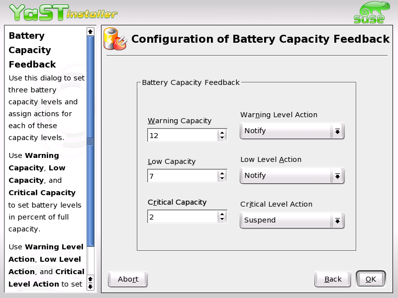 YaST Power Management: Battery Charge Level