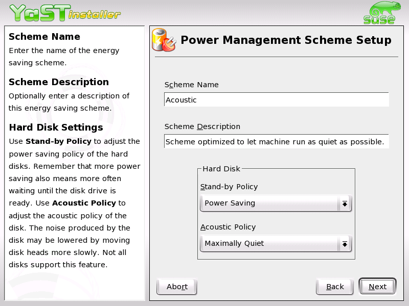 YaST Power Management: Adding a Scheme
