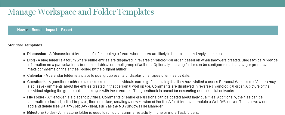 Manage Workspace and Folder Templates page