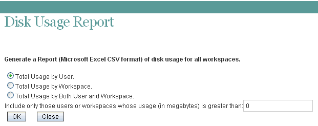 Disk Usage Report page