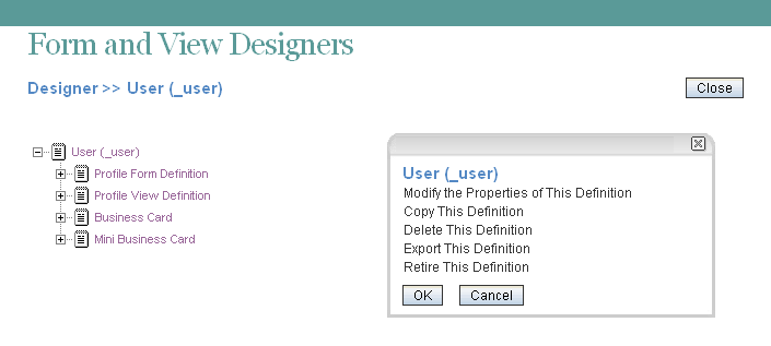 Form and View Designers page with User Window 
