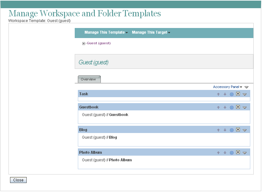 Manage Workspace and Folder Templates page with template to edit